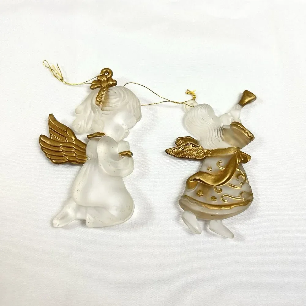 VTG Clear Frosted Acrylic Christmas Ornaments Gold Trim 13pc LOT Santa Dove Bell